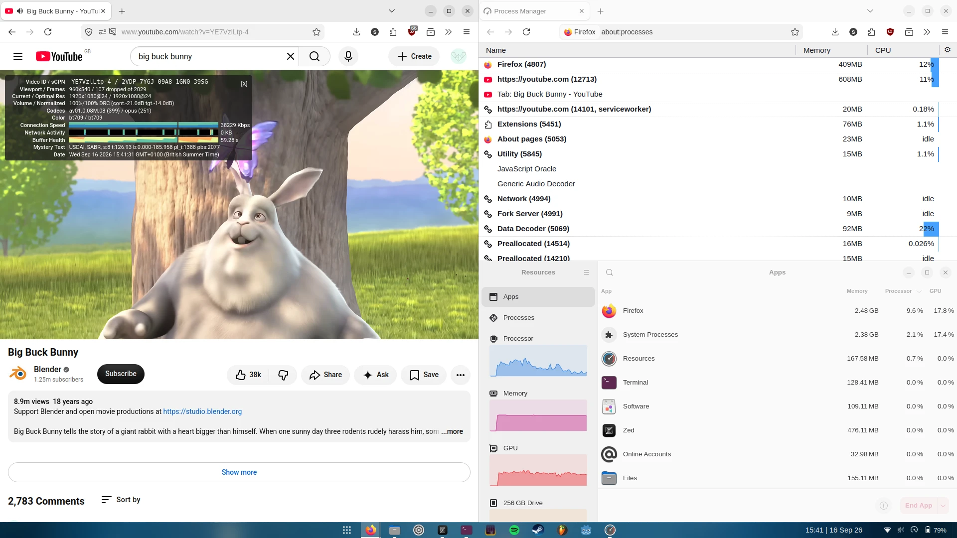 Watching YouTube in 1080p on Ubuntu.